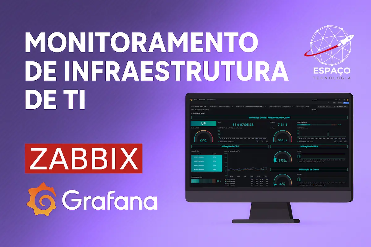 Dashboard Zabbix e Grafana mostrando métricas de monitoramento de infraestrutura de TI, redes e sistemas em tempo real